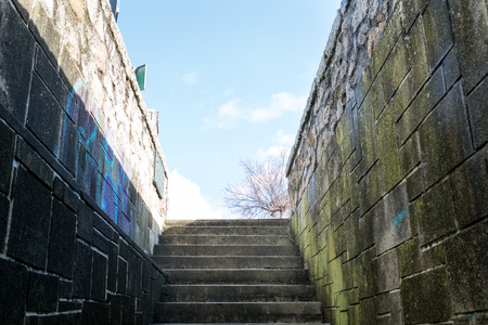 Different views of a medieval castle, near the beach and connected by a bridge in La coruna, Galicia, Spainのeditorial素材