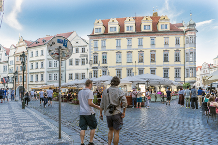 Prague, Czech Republic, May 28, 2017.- Typical tertars of bars with people rested and drinking in the square Male in the old city of Pragueのeditorial素材