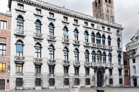 Venice, Veneto / Italy- May 20, 2017: Bar terrace in the square called "Campo San Geremia", with the palace called "palazzo Labia"のeditorial素材