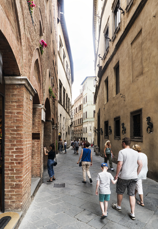 Siena, Tuscany, Italy. May 24, 2017. View of the street called "Via dei Pellegrini" from Piazza S. Giovanniのeditorial素材