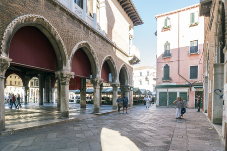 Venice, Veneto, Italy. May 21, 2017: Fish market and market in the street called "de le Beccarie or Panataria"のeditorial素材