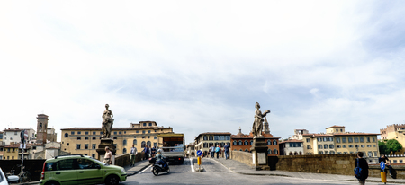 Florence, Tuscany, Italy. May 22, 2017: Beginning of the bridge over the river Arno called "Santa Trinita"のeditorial素材