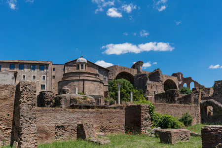 Panoramic view of the ruins of the forum of the time of the Roman Empire, with tourists visiting itのeditorial素材