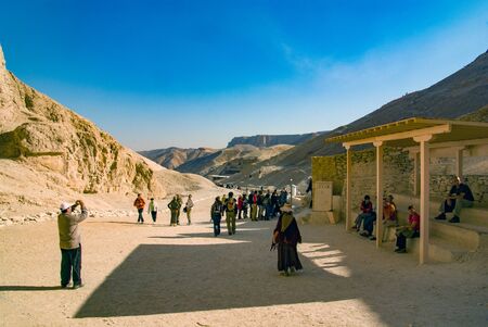 Valley of the Kings, Egypt. February 18, 2017: Tourists visiting in valley, walking, taking pictures...