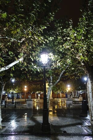 Lighted street lamp in the central square of Alcala de Henares (Spain) without people and with wet soil on a cold and rainy nightの写真素材