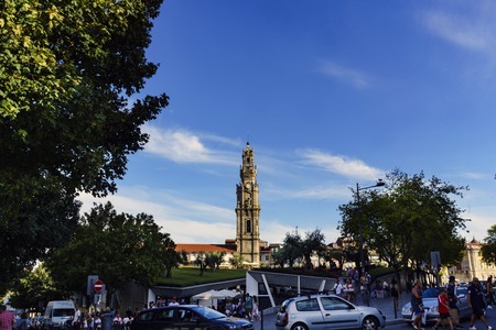 Porto, Portugal. August 12, 2017: View of the bell tower of the church of the clerics from the square of the clerics, with many tourists strollingのeditorial素材
