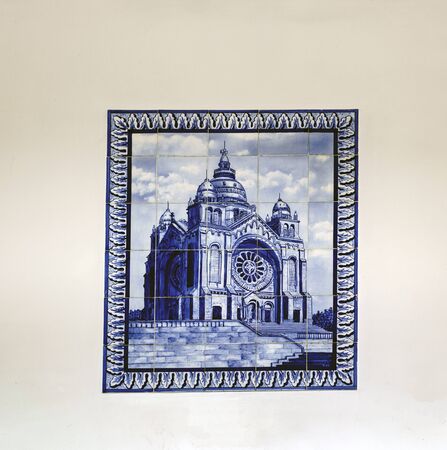 Viana do Castelo, Portugal. August 15, 2017: Tile mosaic representing the Sanctuary of Santa Luzia, fixed on the wall of the cable car station to climb itのeditorial素材