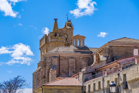 Detail of the slate roofs and crenellated towers of the fortress church of San Juan, in the village of Laguardia in Alava, Spainのeditorial素材