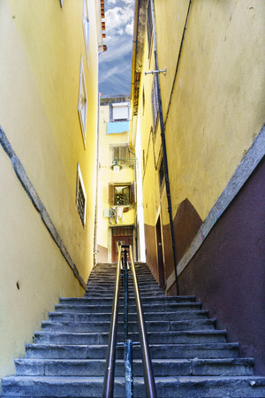 Stairs of stone without people in the center of Porto (Portugal) between facades of old houses with a railing in the centerの写真素材
