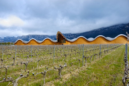 Laguardia, Alava, Spain. March 30, 2018: View of the facade of the wine cellars of Rioja premium...