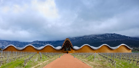 Laguardia, Alava, Spain. March 30, 2018: Entrance to the wine cellars of Rioja premium called Ysios, work of the Spanish architect Calatravaのeditorial素材