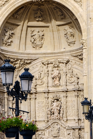 LogroÃ±o, La Rioja, Spain Detail of the sculptures of the upper arch of the main door of the concathedral of Santa Maria the round Gothic style and built in the fifteenth centuryの写真素材