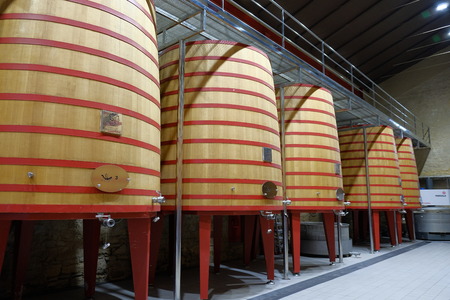 Elciego, Ãlava, Spain. April 23, 2018: Interior of a wine cellar of the Rioja called MarquÃ©s de Riscal with large barrels where the grapes are thrown so that it begins to fermentのeditorial素材
