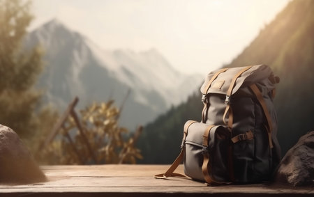 Backpack on the wooden table in the mountains. Travel concept. Generative aiの素材