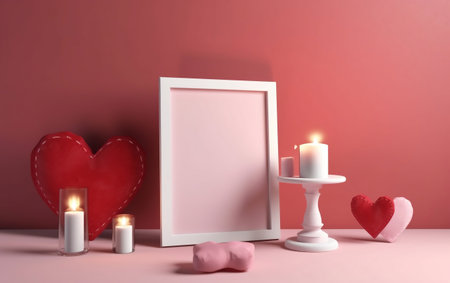 3d render of valentine's day background with frame, candles and hearts. Generative aiの素材