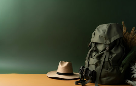 Backpack and hat on table on green background. Travel concept. Generative aiの素材
