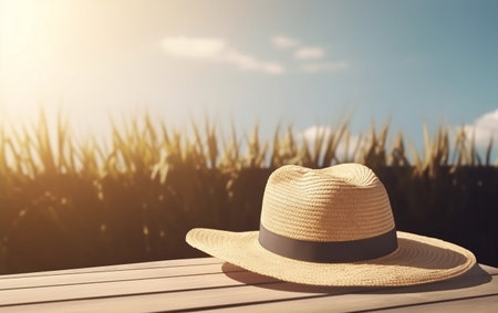 Summer hat on a wooden table against the background of the field. Generative aiの素材