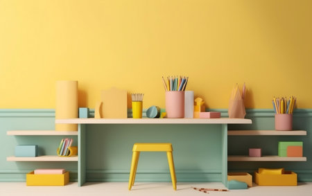 Shelf with stationery in interior of room. Mockup for design. Generative aiの素材