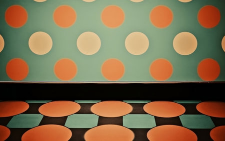 Interior of an empty room with orange and yellow polka dots Generative AIの素材