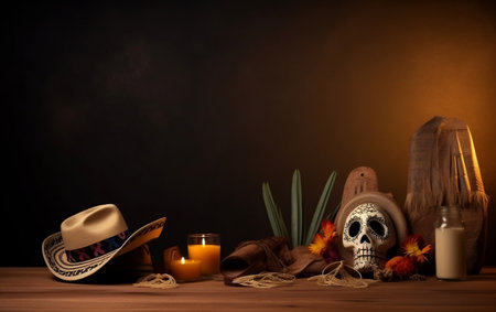 Halloween still life with human skull, candles, book and flowers on wooden table Generative AIの素材
