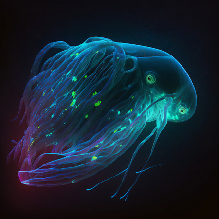 Jellyfish with glowing neon light. 3D illustration, 3D rendering. Generative AIの素材