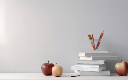 Stack of books, pencils and apples on white table against white wall Generative AI.の素材