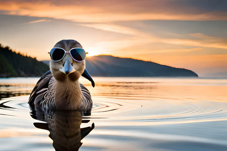 Duck in sunglasses on the lake at sunset. Beauty in nature.の素材
