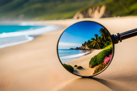 Magnifying glass on view of beautiful beach.Generative AIの素材