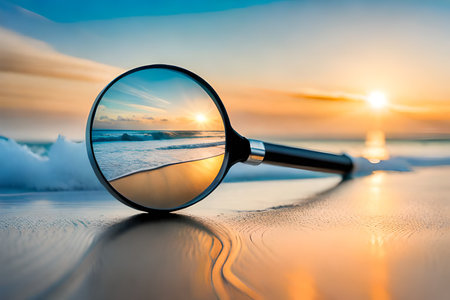 Magnifying glass on the beach at sunrise. Business and travel conceptの素材