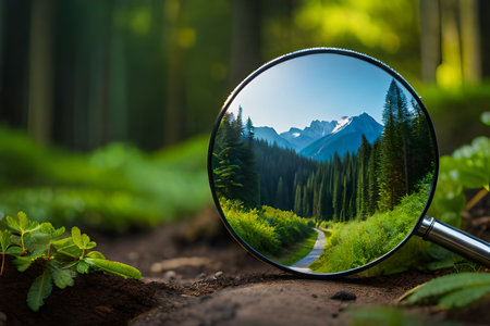 Magnifying glass on the background of a green forest with mountains.の素材