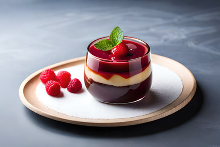 Panna cotta with fresh raspberries and mint on a plateの素材