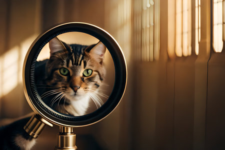 Cute tabby cat looking through a magnifying glass at homeの素材