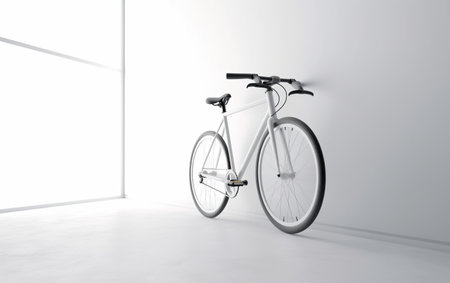 Bicycle leaning against a white wall in a bright room. 3D renderingの素材