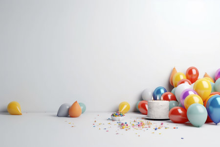 3d rendering of a birthday cake with balloons and confetti.の素材
