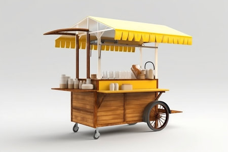 3d rendering of a yellow ice cream cart on white background with shadowの素材