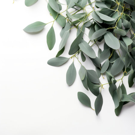 Eucalyptus branches on white background. Flat lay, top view.の素材