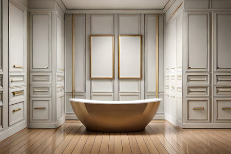 Bathroom interior with white walls, wooden floor, white bathtub and golden frames. 3d renderingの素材
