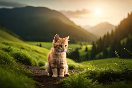 Cute ginger cat sitting on the path in the mountains at sunsetの素材