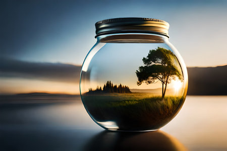 Glass jar with a tree inside on a lake and sunset background.の素材