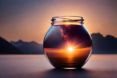 Beautiful sunset in a round glass jar on the background of mountains.の素材