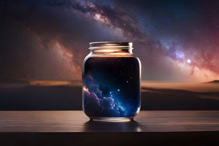 Glass jar with space inside on wooden table over blurred night sky background.の素材