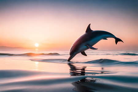Dolphin jumping out of the water at sunset. 3d renderingの素材