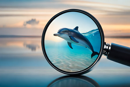 dolphin in a magnifying glass on the background of the seaの素材