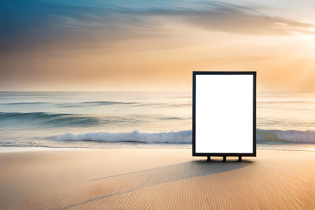 Blank billboard on the beach at sunset. 3d rendering.の素材