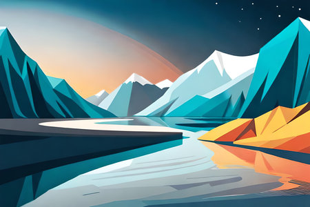 Mountain landscape with lake and mountains in the background. Vector illustration.の素材
