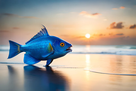 Blue fish on the beach at sunset. Colorful summer background.の素材