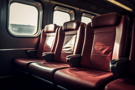 Interior of a passenger train with red seats, retro tonedの素材