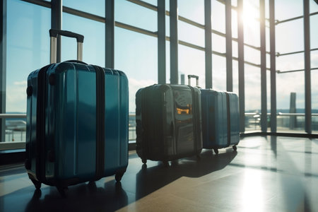 Luggage in airport terminal. Travel, vacation and transportation concept.の素材