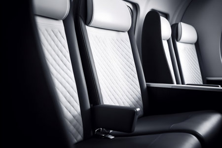 Modern luxury car interior. Interior of prestige modern car. Comfortable leather seats. Black and white toned imageの素材