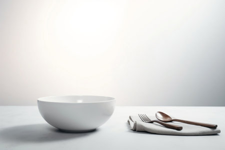 Empty white bowl with spoon and fork on white table with copy spaceの素材
